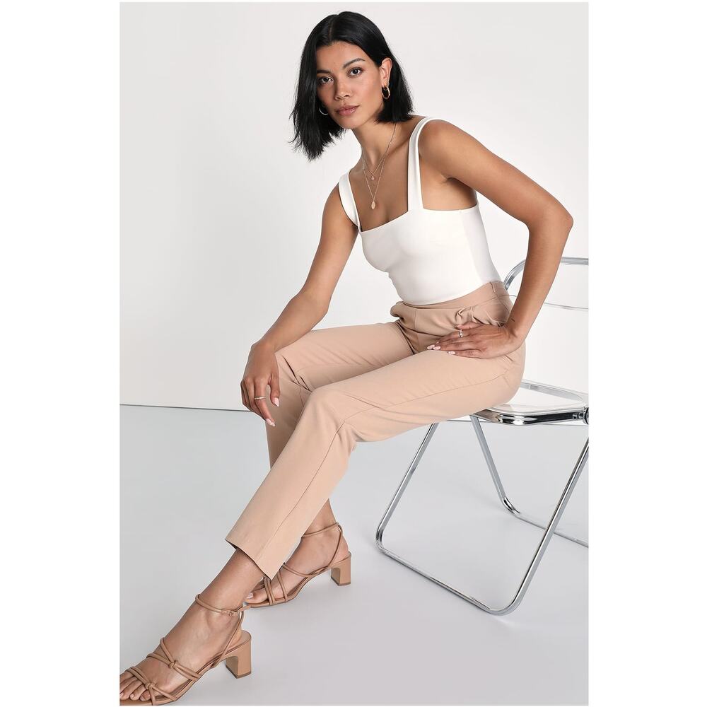 Lulus Kick It Beige High-Waisted Trousers Dress Pants Size XL Pleated Office NWT - Picture 7 of 15